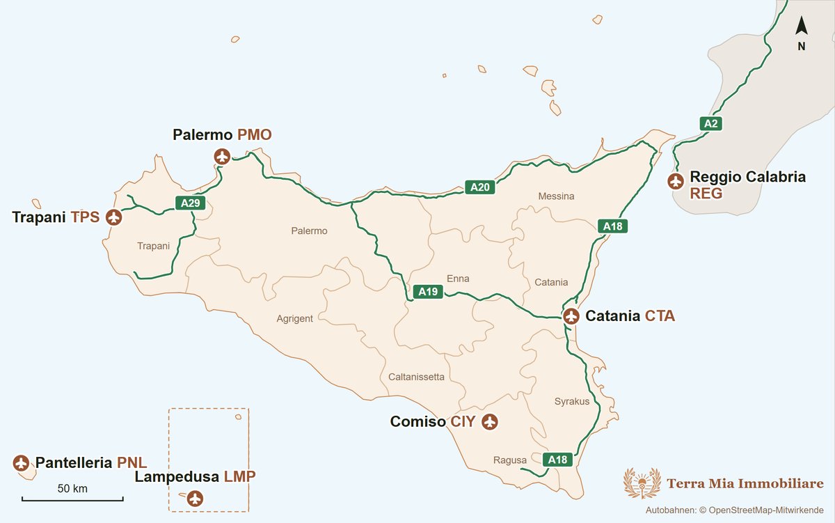 Karte von Sizilien mit den Flughäfen Palermo (PMO), Trapani (TPS), Catania (CTA), Comiso (CIY), Pantelleria (PNL), Lampedusa (LMP) und Reggio Calabria (REG), den Autobahnen A18, A19, A20 und A29 und den neun Provinzen